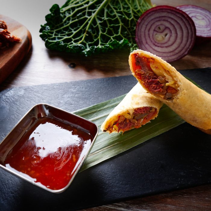 Duck rolls with sweet and sour sauce Asian cuisine recipe